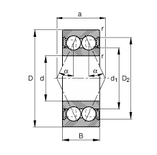 角接觸球軸承 3002-B-2RSR-TVH, 雙列，雙側(cè)唇密封，接觸角 α = 25°